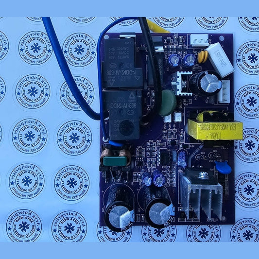 Electronic circuit board with various components on a blue background with circular logos.