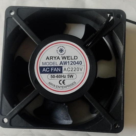A cooling fan with a label on a textured white background