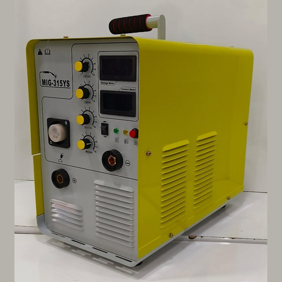 Yellow and gray welding machine with control panel on a white background