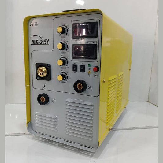 Yellow and gray MIG-315Y welding machine on a white background