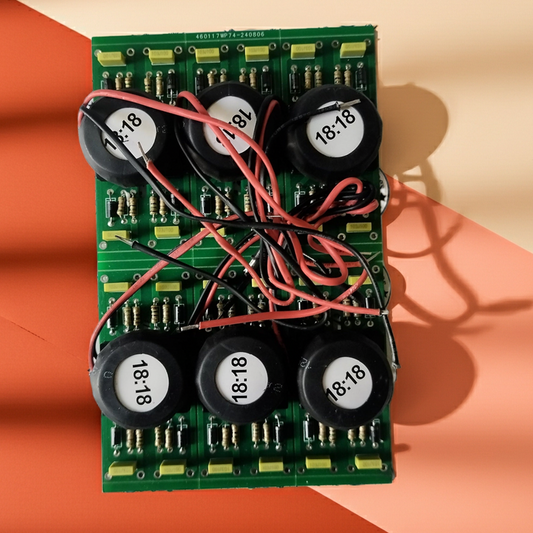 Electronic circuit board with components on a colorful background